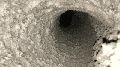 Air duct before cleaning — heavy dust and debris buildup